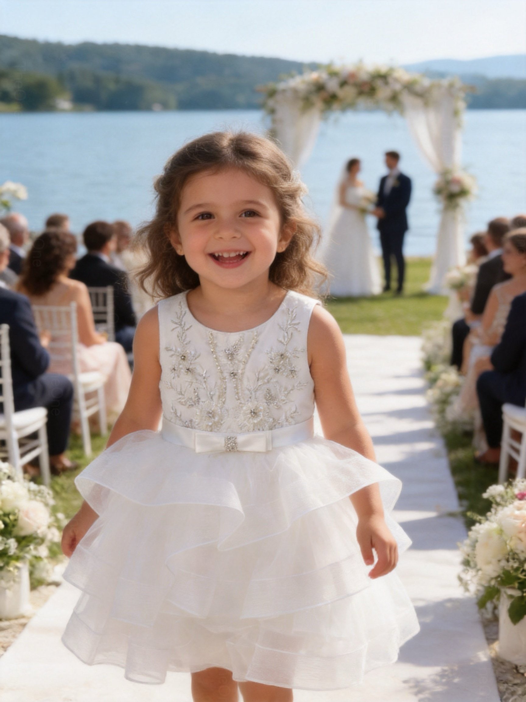 Vestito Cerimonia Bambina Bianco con Ricami e Gonna Volant in Tulle
