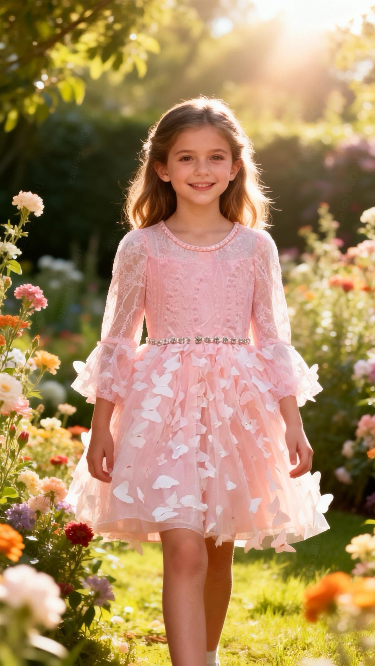 Abito da Cerimonia Bambina Rosa con Tulle e Farfalle 3D 8541 2-16Anni-TheOne