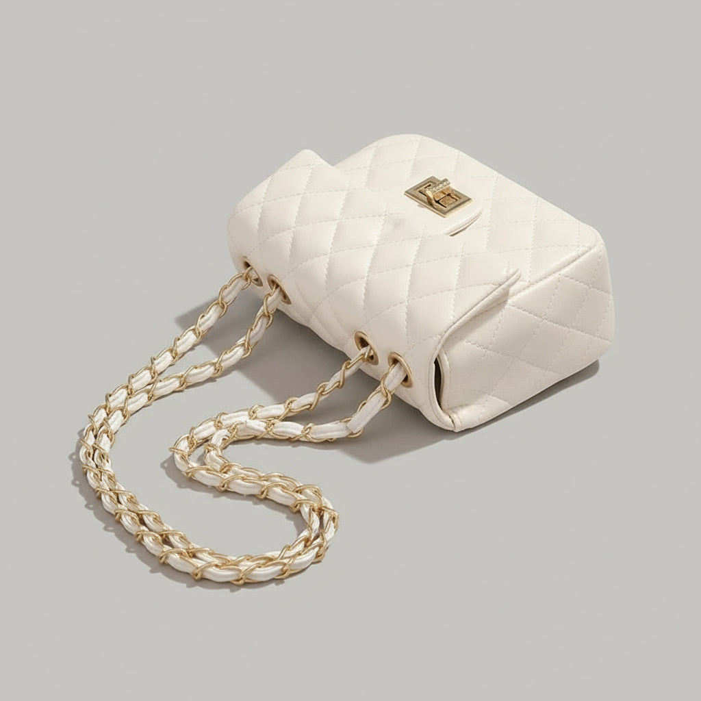 Mini Borsa Donna Trapuntata con Catena – Elegante e Compatta, Stile Italiano 9915(19×8X14cm) Beige