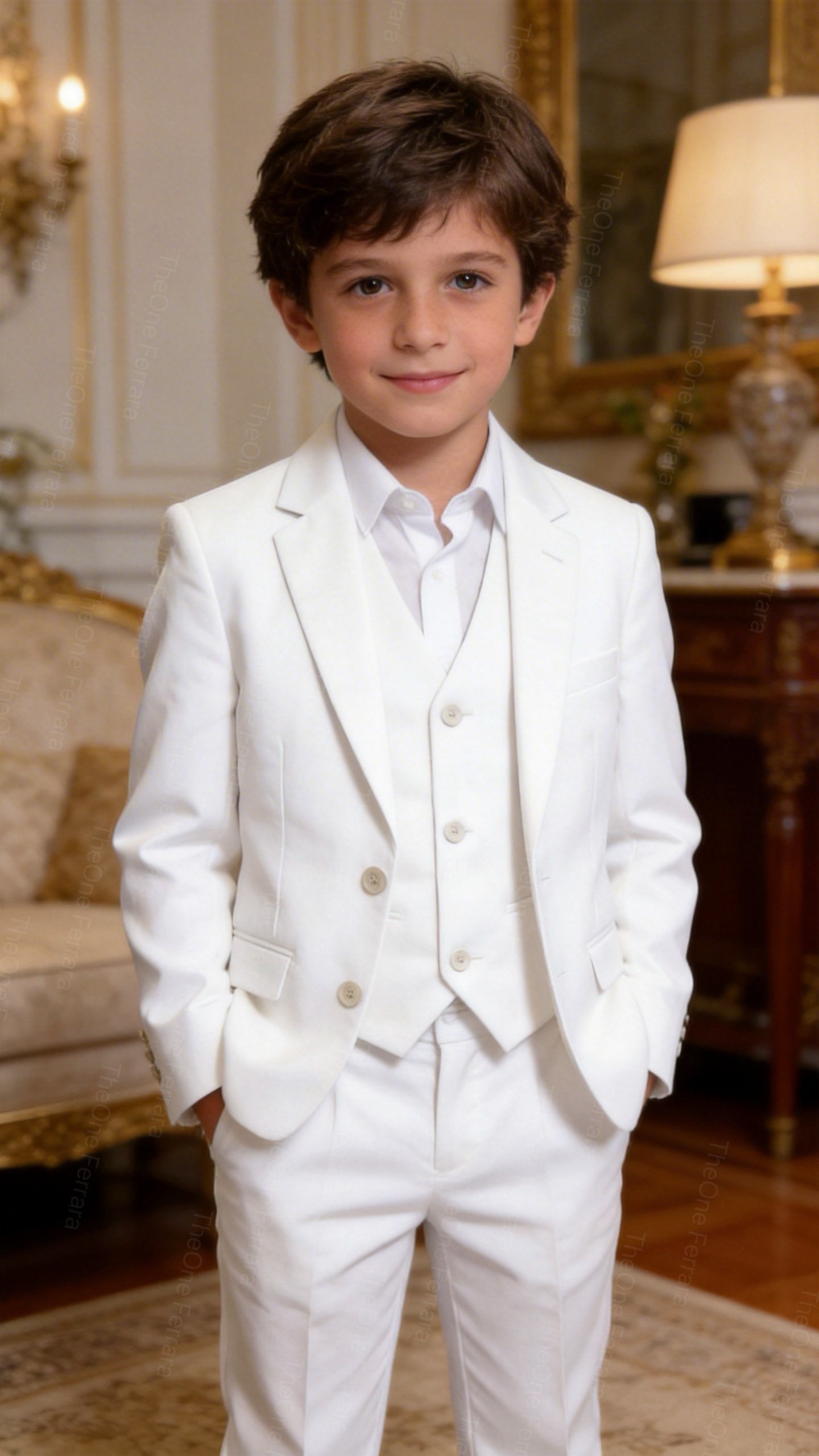 Completo Elegante Bambino Bianco 5 Pezzi Abito Cerimonia Matrimonio Comunione 1-14Anni