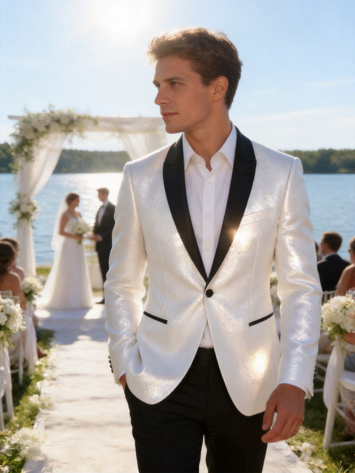 Abito Uomo Cerimonia Bianco Brillantinato Slim Fit con Rever in Raso 2 Pezzi
