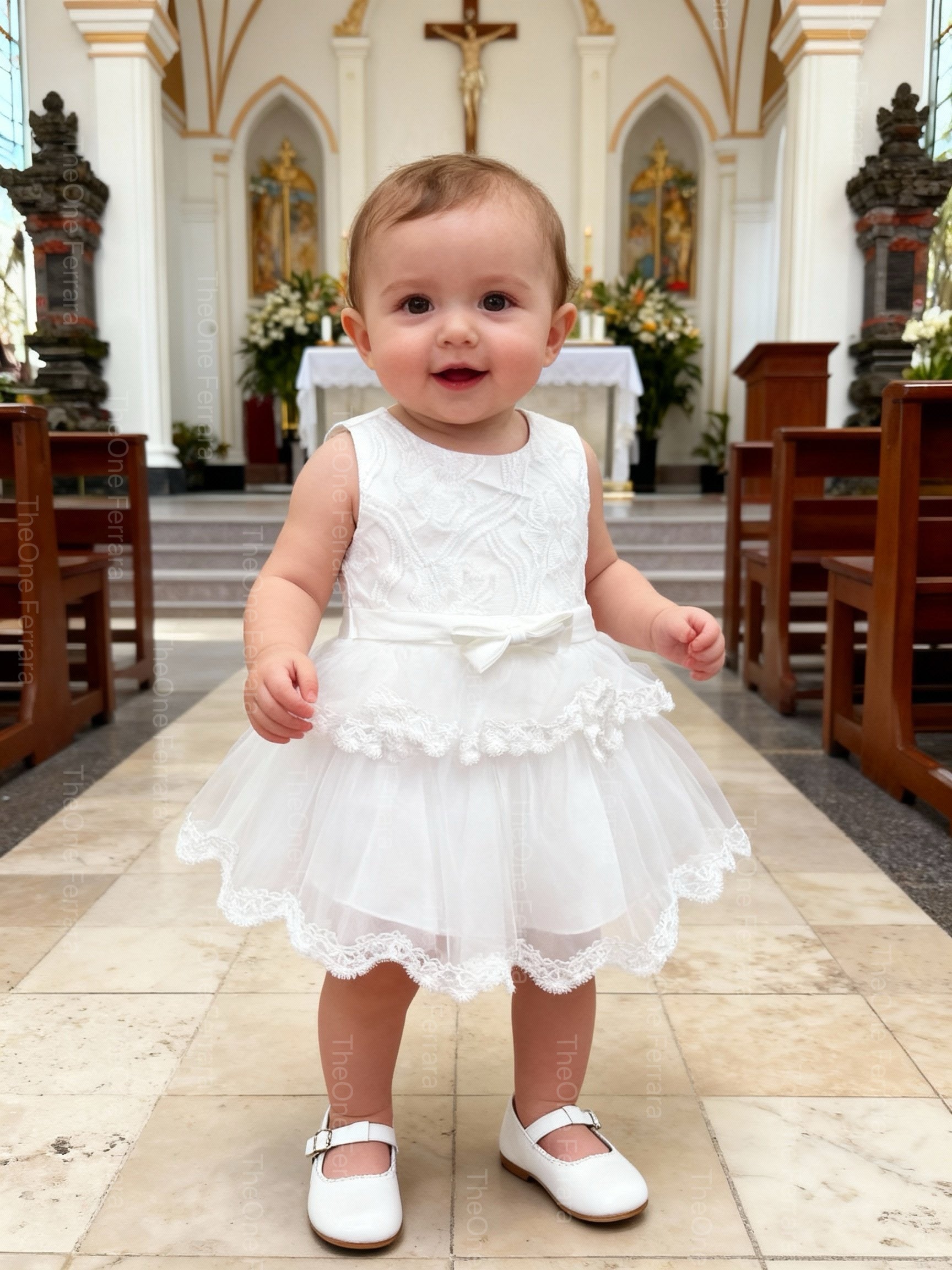 Abito da Battesimo Neonata Bianco 6–36 Mesi – Pizzo Ricamato e Tulle a Strati con Fiocco Cerimonia Chiesa 21086 Bianco 12M