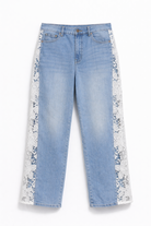 Jeans Donna a Gamba Larga con Inserto in Pizzo – Pantaloni Denim Eleganti Estivi 1989 Denim Blue