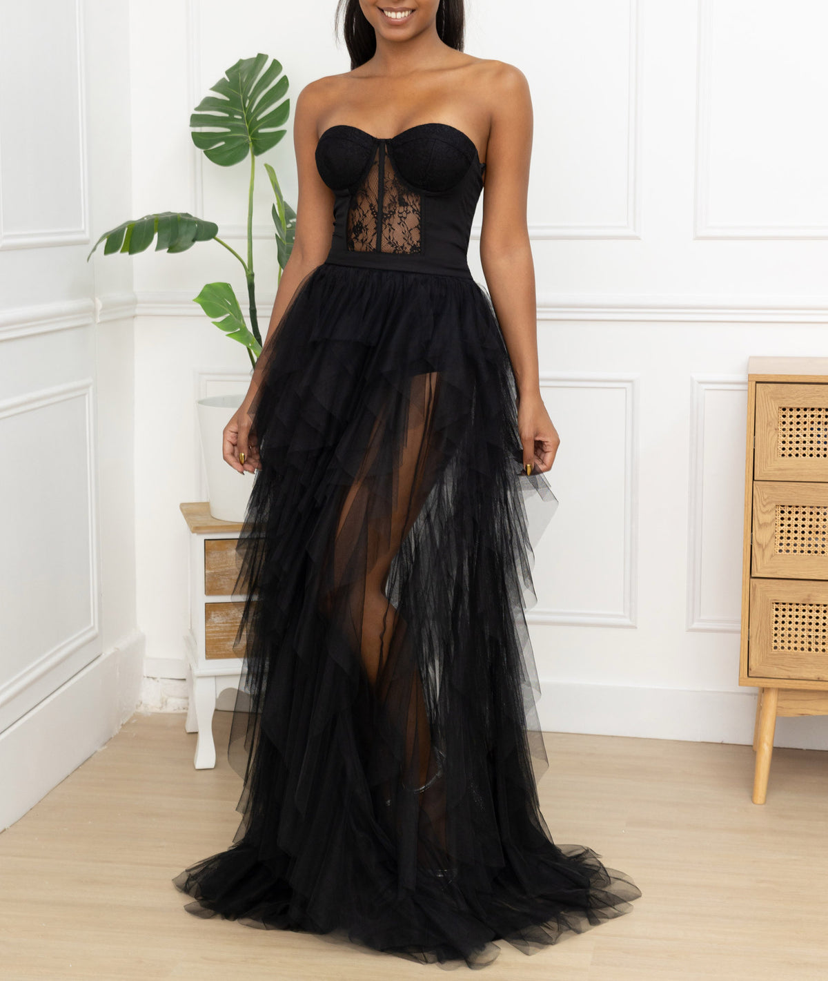 Abito da Sera Nero in Tulle con Corsetto – Vestito Lungo Elegante Bustier da Gala 521679 Nero S