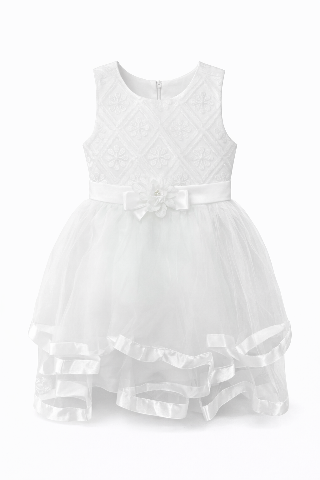 Abito da Battesimo Neonata Bianco 6–36 Mesi – Pizzo Ricamato e Tulle a Strati con Fiocco Cerimonia Chiesa 21086