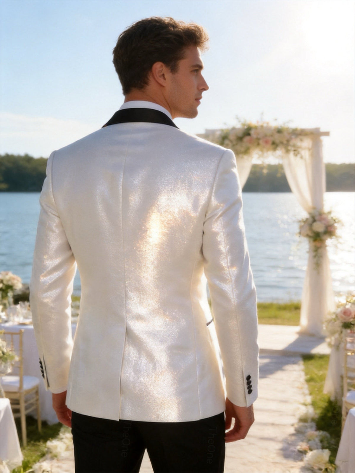 Abito Uomo Cerimonia Bianco Brillantinato Slim Fit con Rever in Raso 2 Pezzi