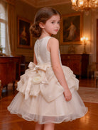 Abito da Cerimonia Bambina Avorio con Pizzo 3D e Maxi Fiori in Organza – Gonna in Tulle 8519