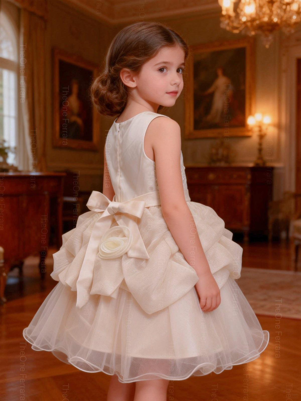 Abito da Cerimonia Bambina Avorio con Pizzo 3D e Maxi Fiori in Organza – Gonna in Tulle 8519