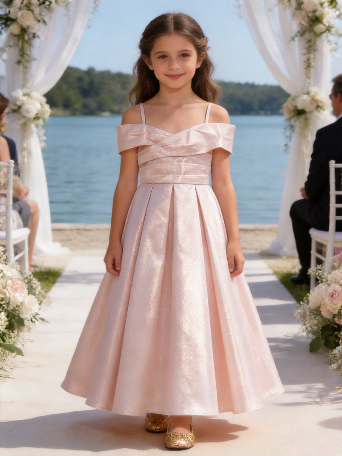 Vestito Ragazza Elegante Off Shoulder Effetto Taffetà Principessa