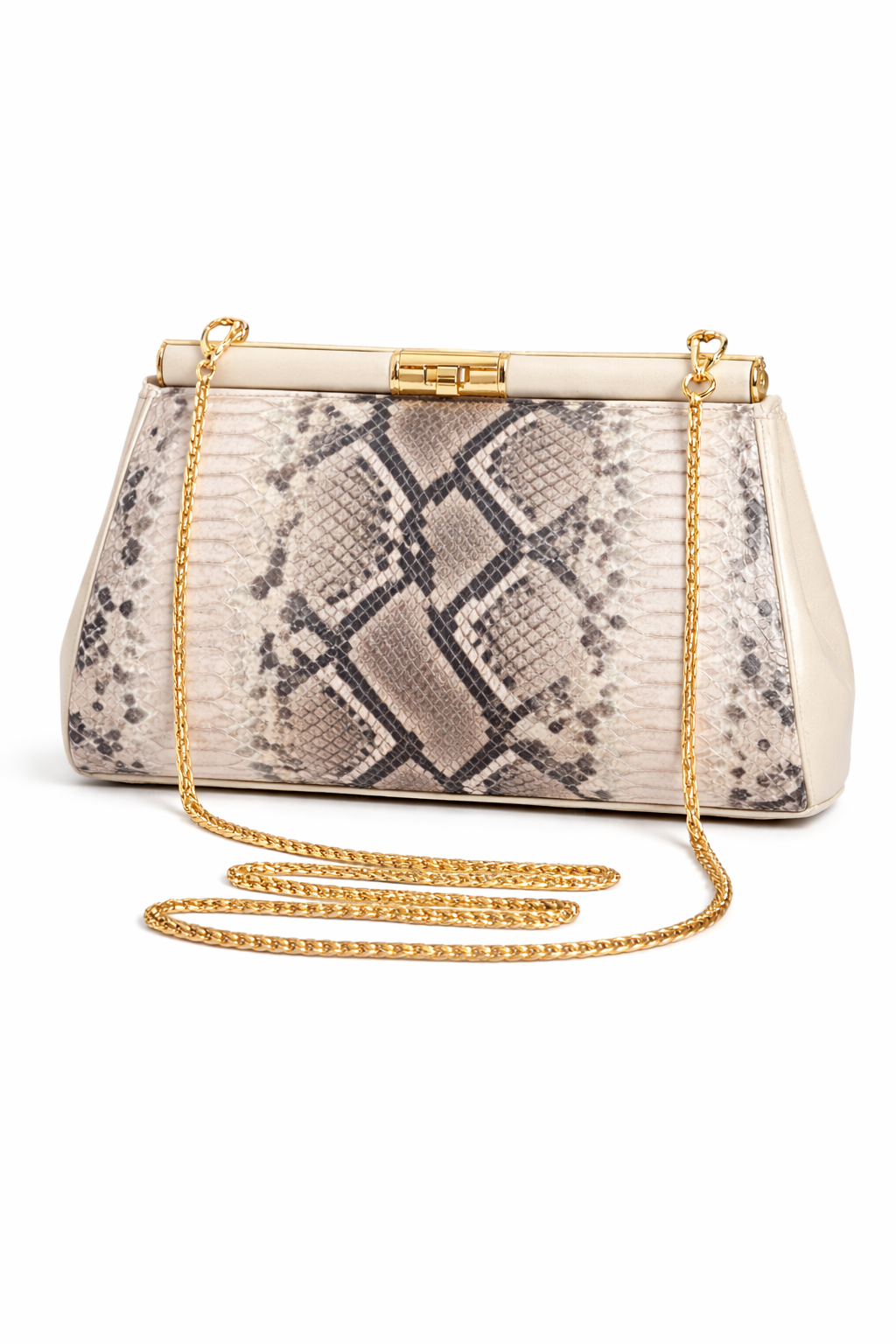 Borsa Elegante Donna Effetto Pitone con Catena Oro – Pochette Cerimonia 30cm Strutturata Beige 30x14X10cm