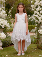 Abito da Cerimonia Bambina Bianco per Battesimo, Comunione e Matrimonio – Pizzo & Tulle, Fiocco, Orlo Asimmetrico (2-16Anni) 9691-TheOne Ferrara Bianco