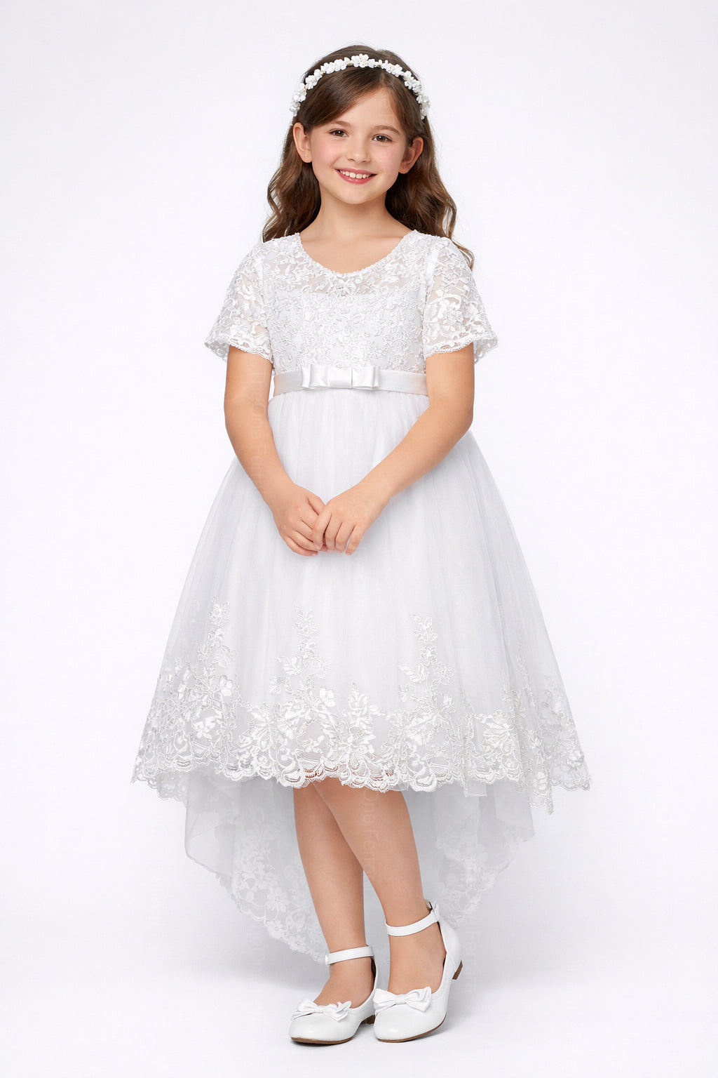 Abito Cerimonia Bambina Bianco in Pizzo e Tulle Comunione, Damigella, Festa 4-14 Anni 3637-TheOne