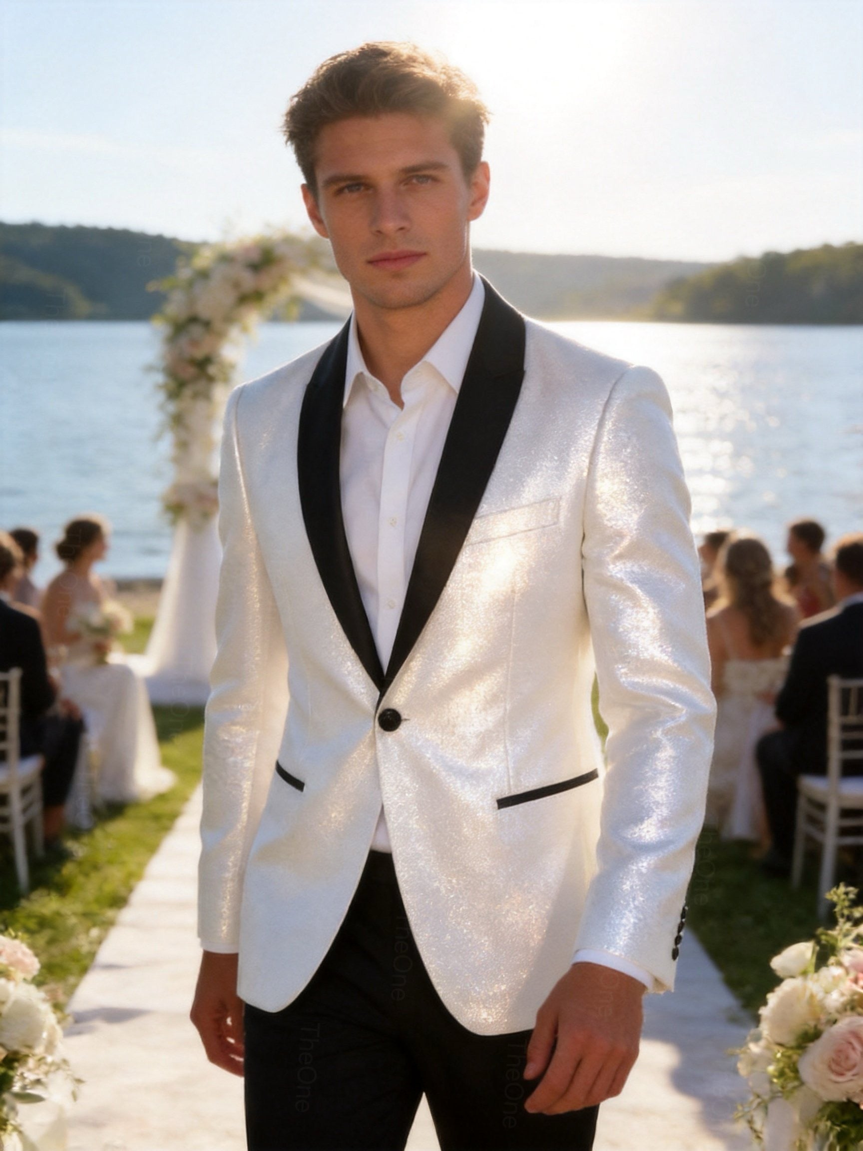 Abito Uomo Cerimonia Bianco Brillantinato Slim Fit con Rever in Raso 2 Pezzi