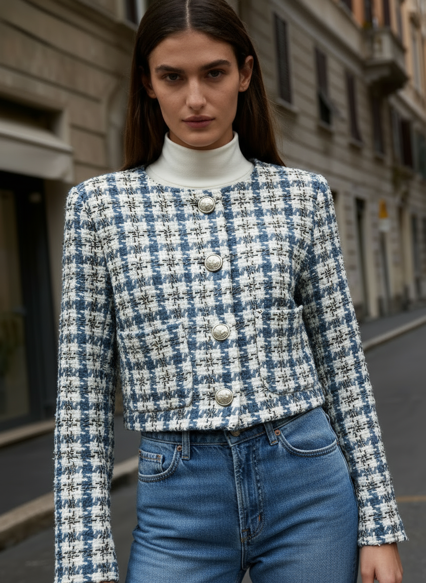 Giacca Corta Tweed Donna - Stile Chanel Cropped Jacket 16168 Blu lago