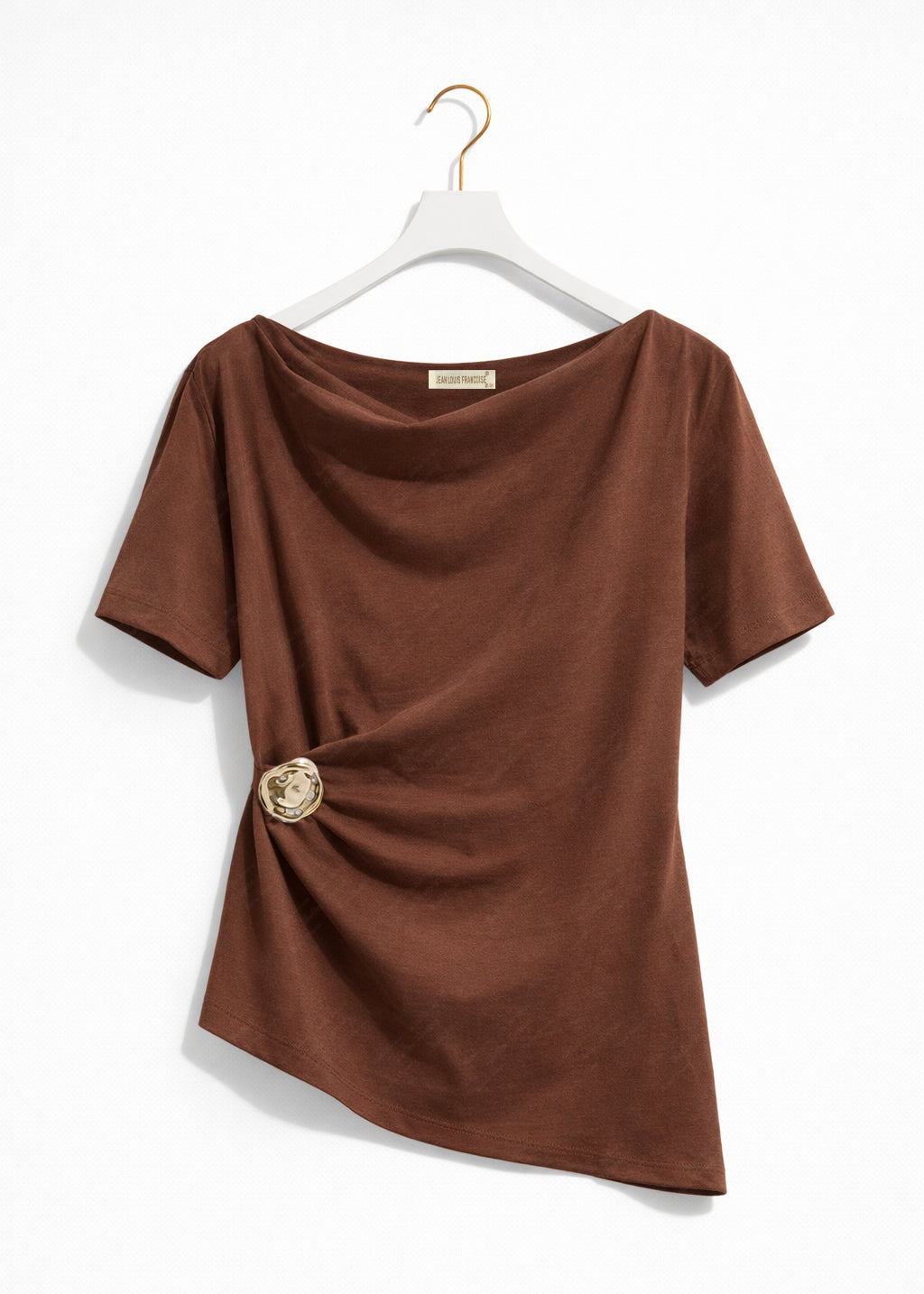 Top Donna Drappeggiato in Cotone – T-Shirt Elegante con Dettaglio Oro 66294 Marrone - 378