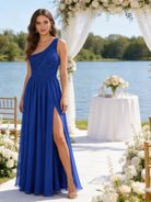 Abito Damigella Monospalla in Chiffon con Spacco Laterale Blu unico