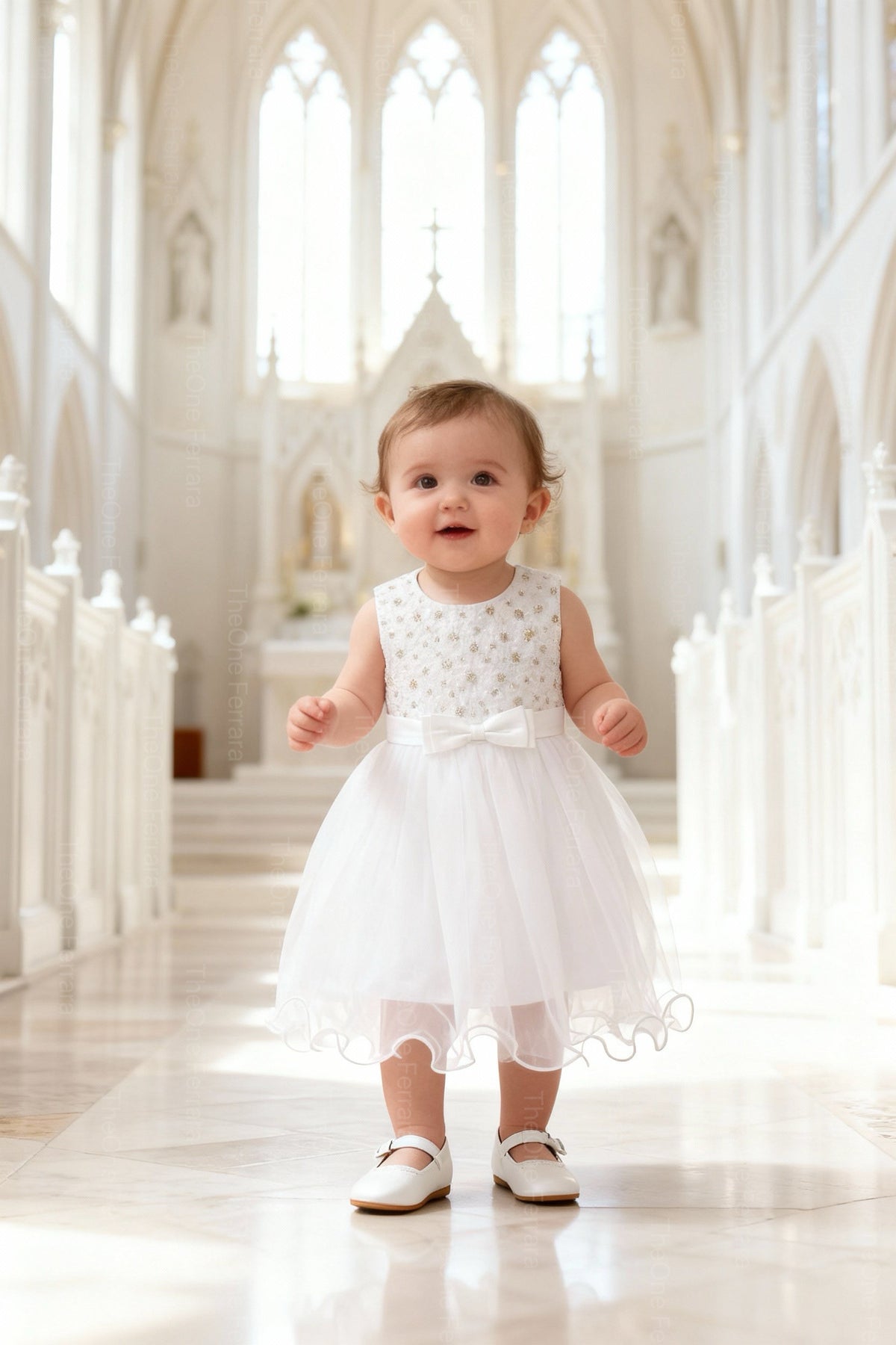 Abito Battesimo Neonata 6–36 Mesi Bianco Tulle con Fiocco-6662