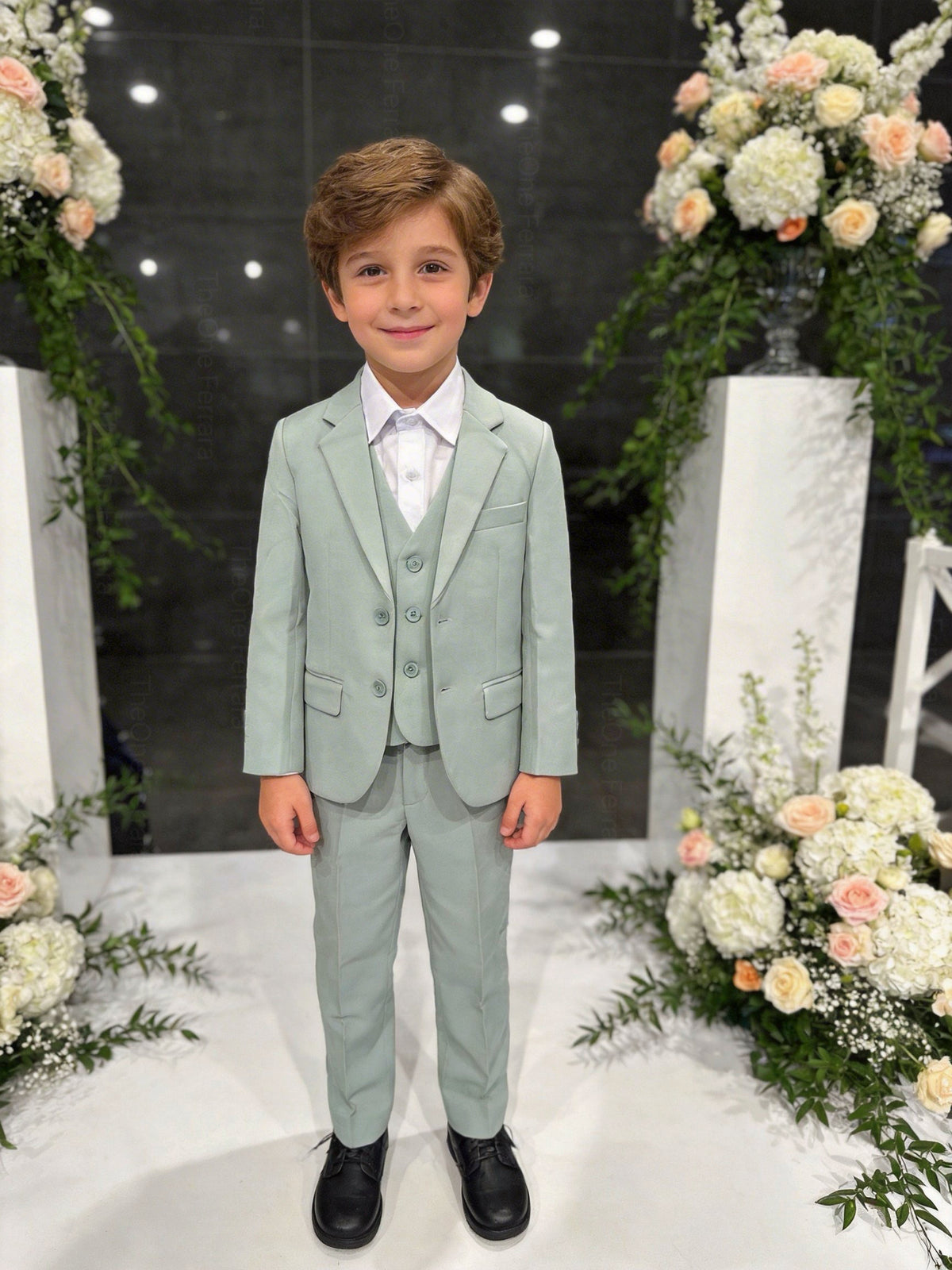 Completo Bambino Matrimonio Verde Salvia 5 Pezzi Elegante 1-16 Anni