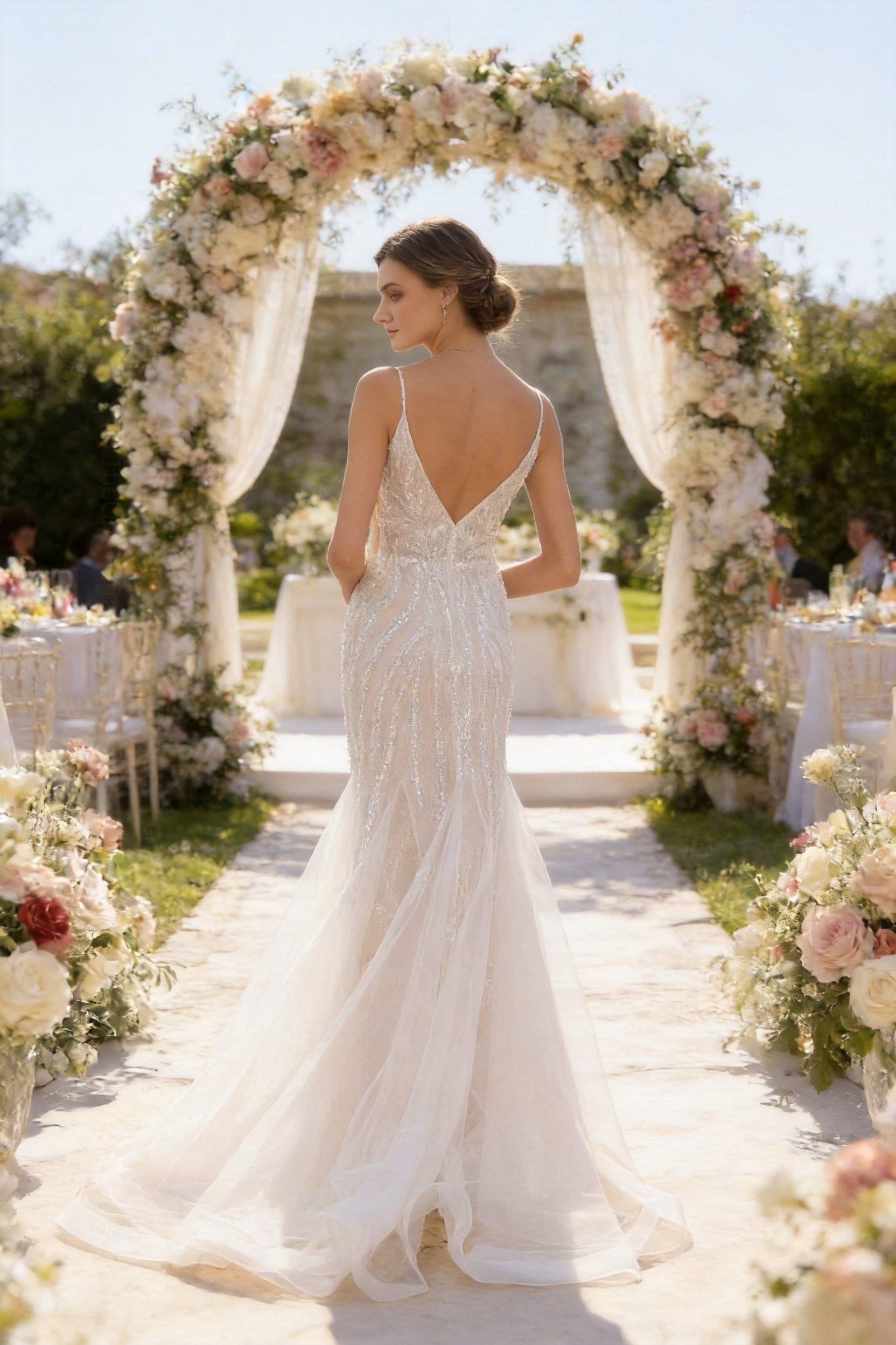 Abito da Sposa Sirena con Paillettes e Tulle – Vestito da Sposa Elegante con Scollatura Profonda e Schiena Scoperta 851016
