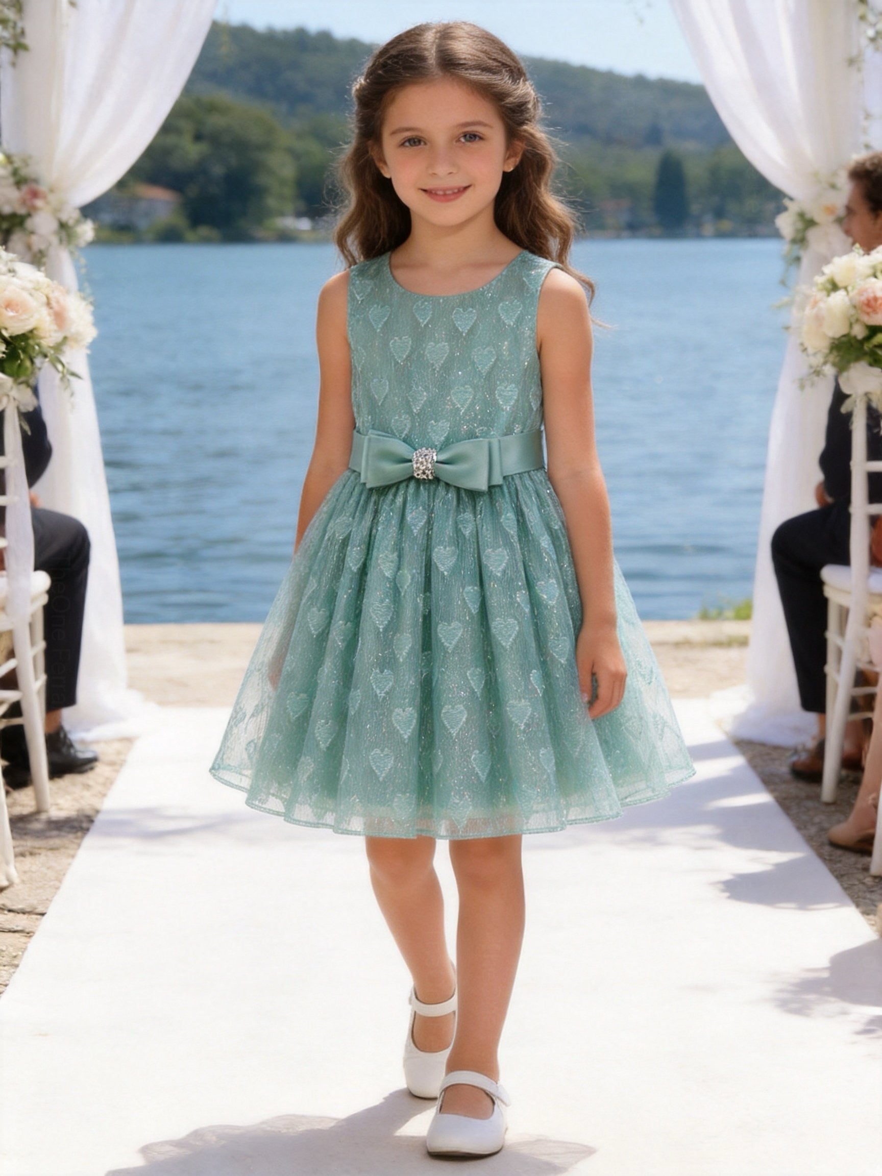 Vestito Bambina Elegante in Organza Jacquard Lurex con Fiocco