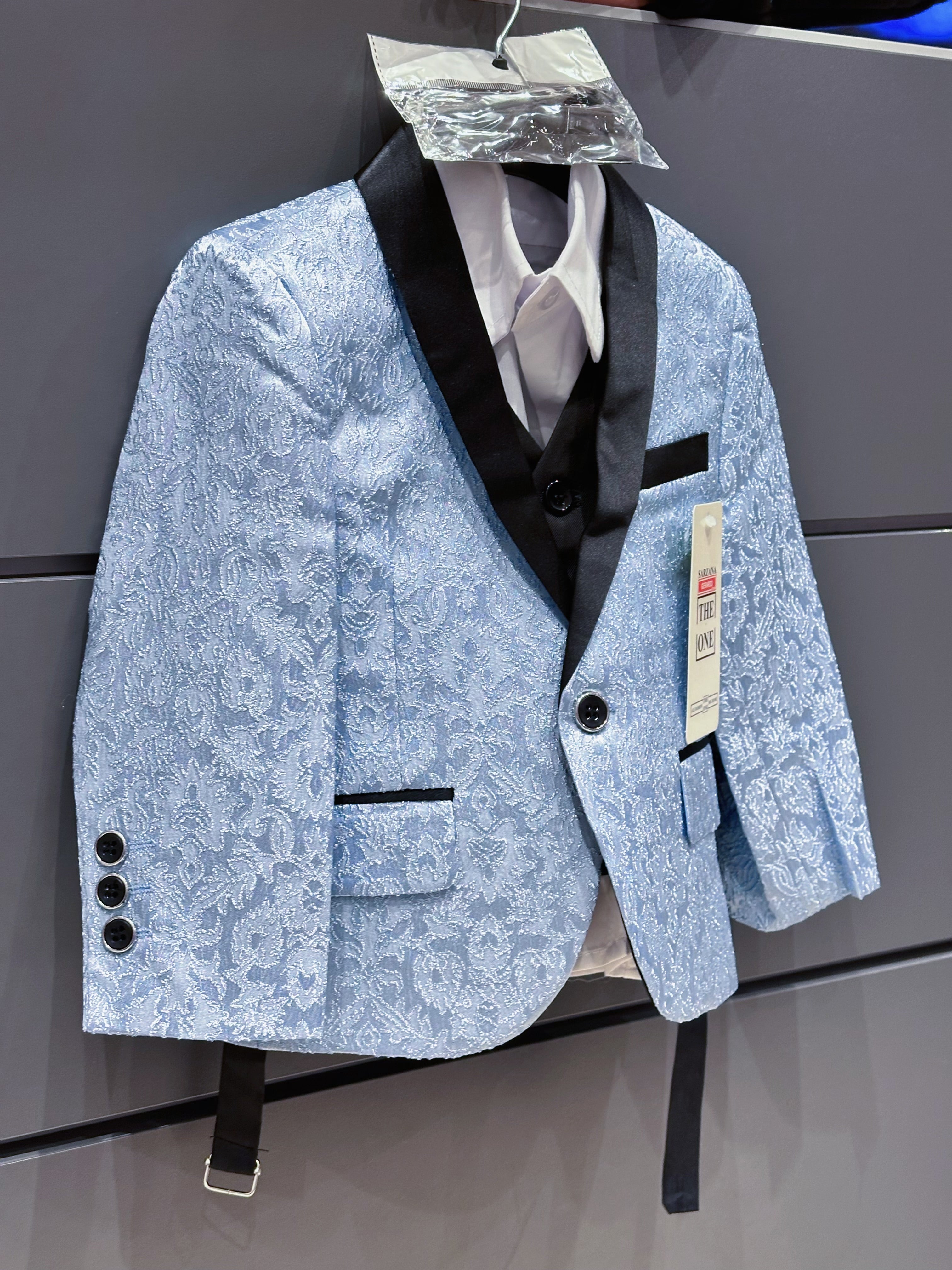 Completo Cerimonia Bambino 5 Pezzi – Abito Elegante Blu Jacquard con Gilet, Camicia, Pantaloni e Papillon Matrimonio & Eventi Speciali 1-16Anni A75 TheOne