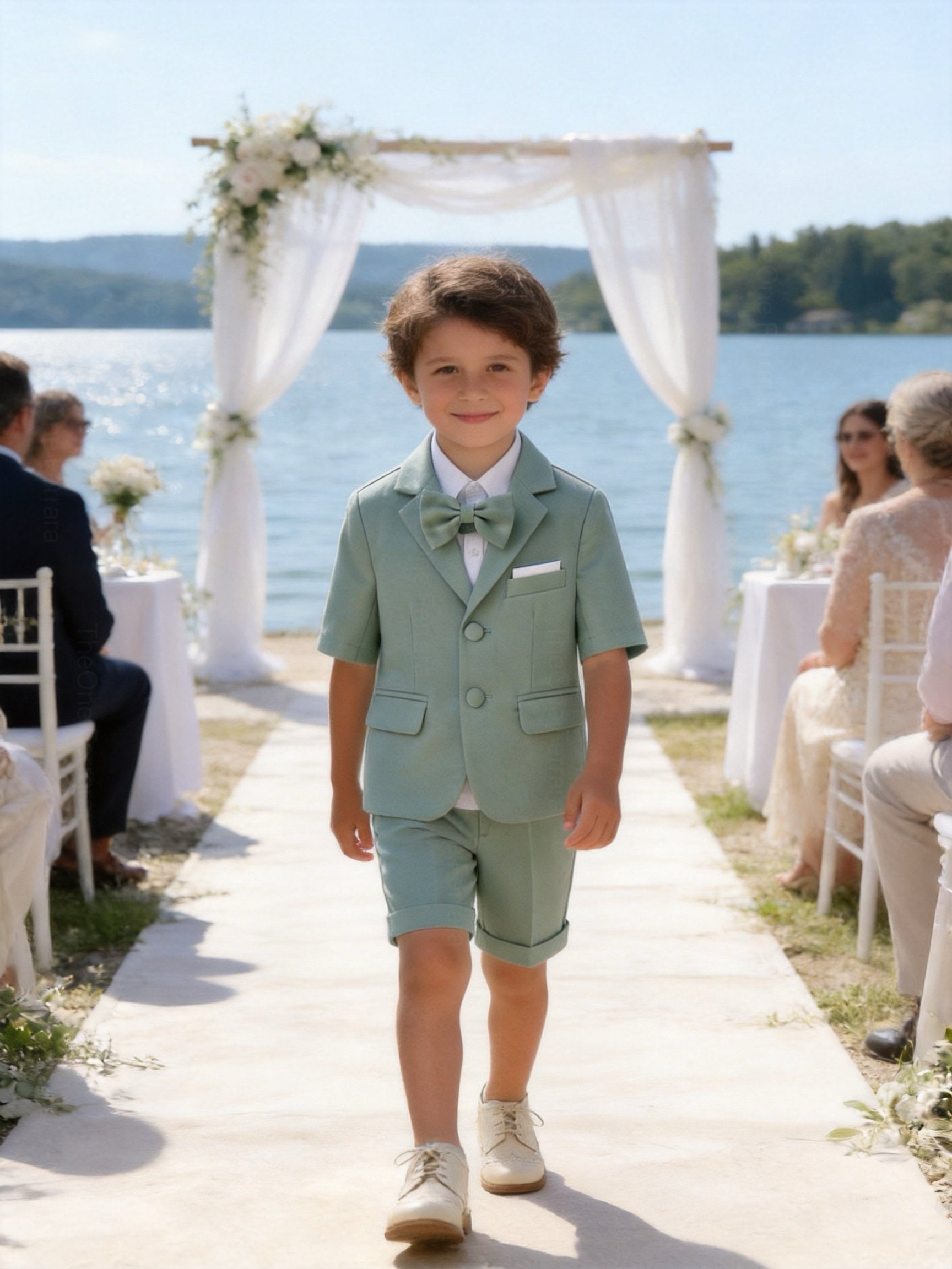 Completo Elegante Bambino Verde Salvia 4 Pezzi con Giacca Shorts Camicia e Papillong 4-10Anni