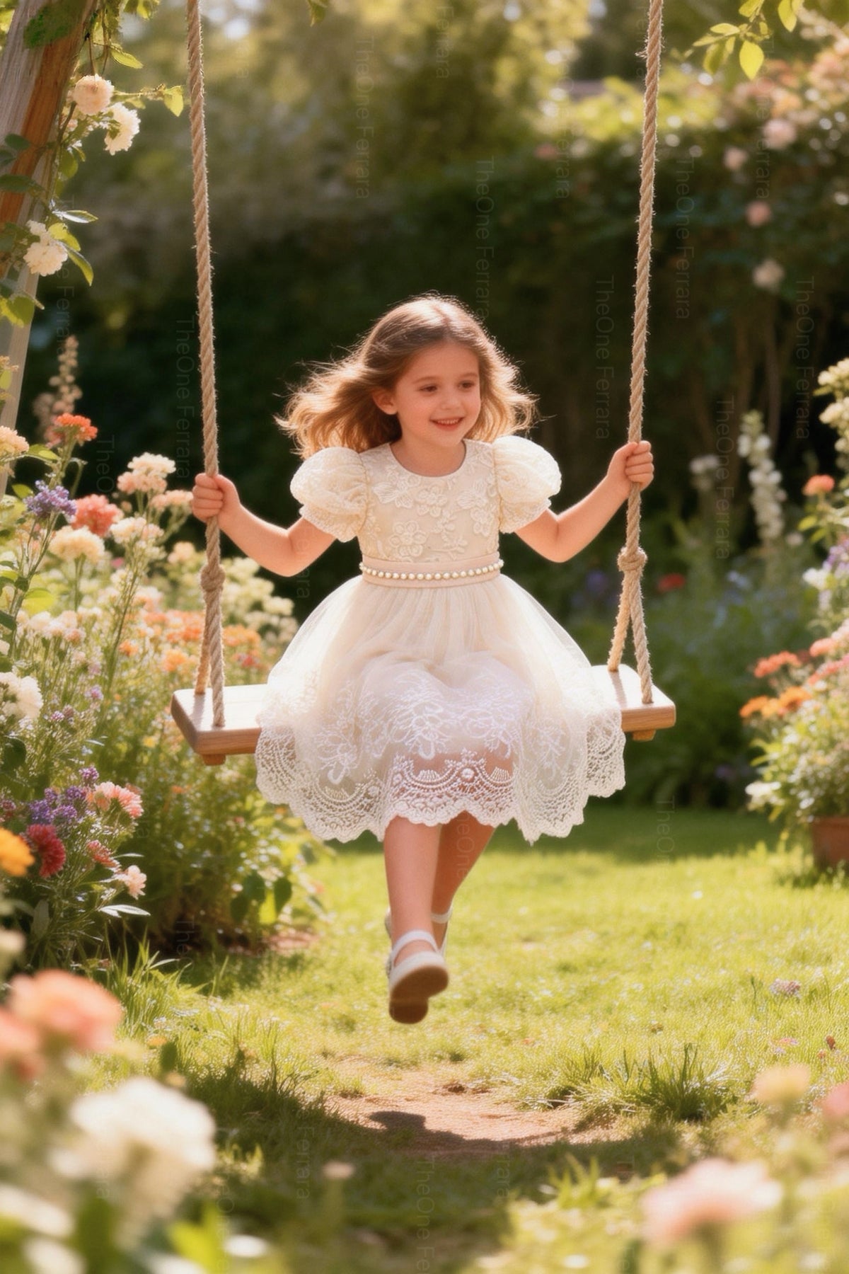 Abito Elegante Bambina in Tulle e Pizzo con Maniche a Sbuffo e Cintura di Perle – Cerimonia 2-12 Anni 815 Champagne