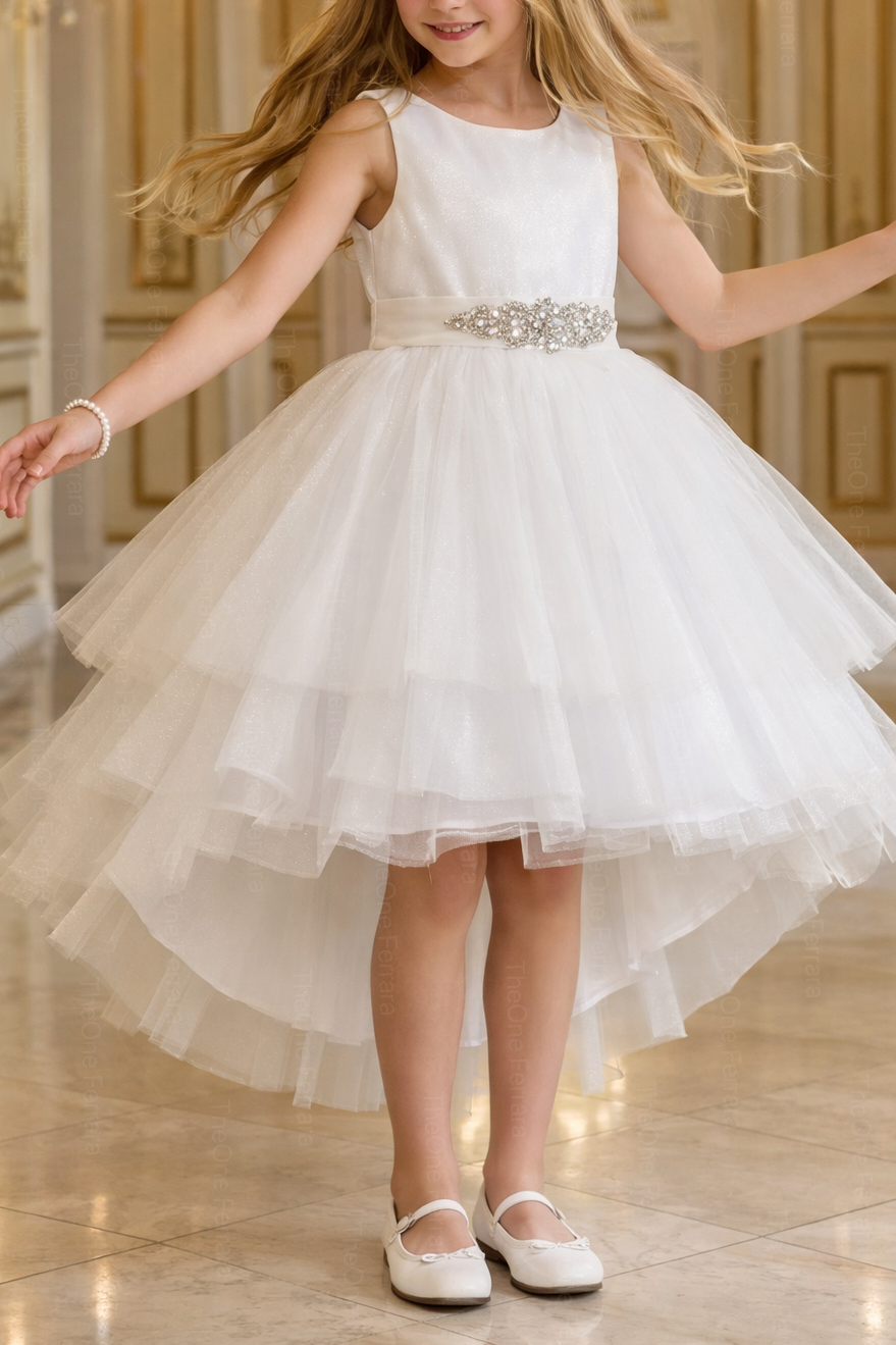 Abito da Cerimonia Bambina Elegante 4-14 Anni – Vestito Damigella in Tulle Multistrato con Cintura Gioiello (Bianco, Champagne, Azzurro) 82535