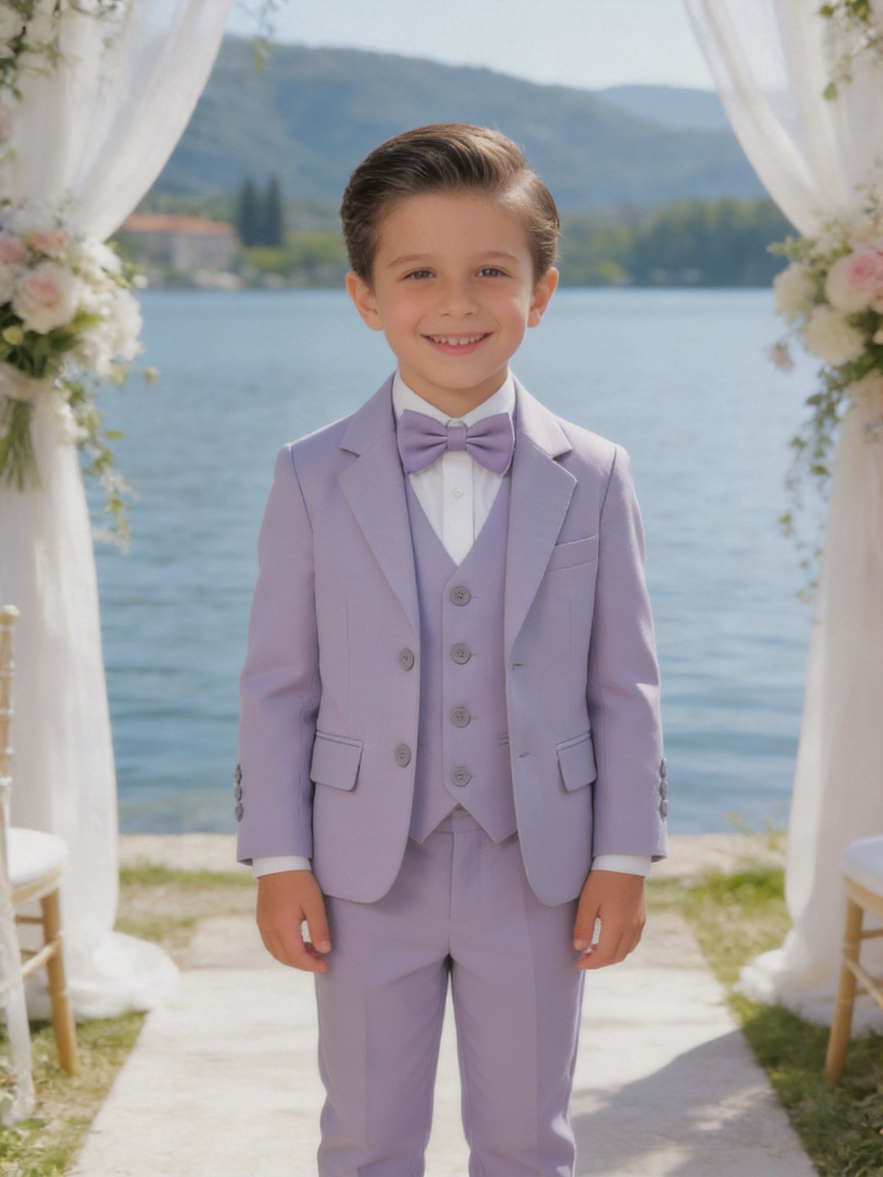 Completo Elegante Bambino Lilla 5 Pezzi con Giacca Gilet Pantaloni Camicia e Papillon Kunzite- 386 1 Anni