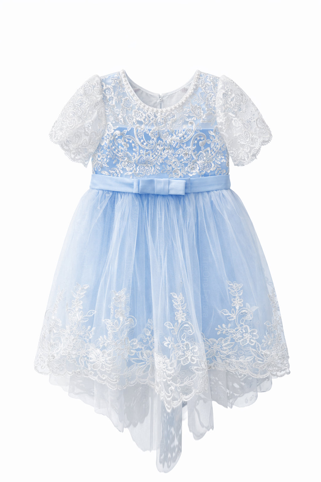 Abito da Cerimonia Bambina Bianco con Pizzo e Fiocco Rosa – Gonna Tulle a Coda di Sirena (6-36 Mesi)-TheOne 3658 Azzuro