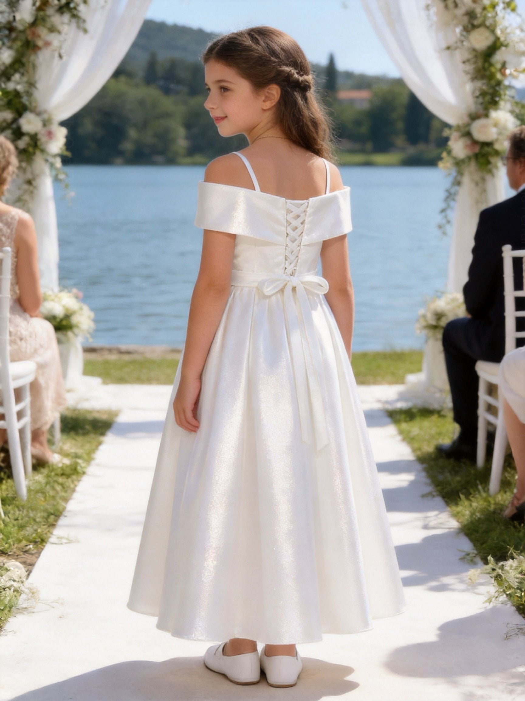 Vestito Ragazza Elegante Off Shoulder Effetto Taffetà Principessa