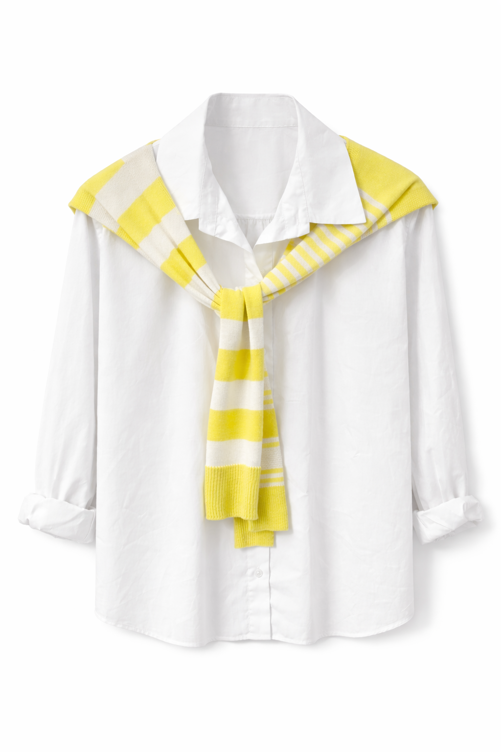 Completo Donna 2 Pezzi – Camicia Bianca Oversize + Gilet Maglia a Righe | Taglia Unica | Look Casual Chic Primavera Estate Giallo taglia unica 45-60kg
