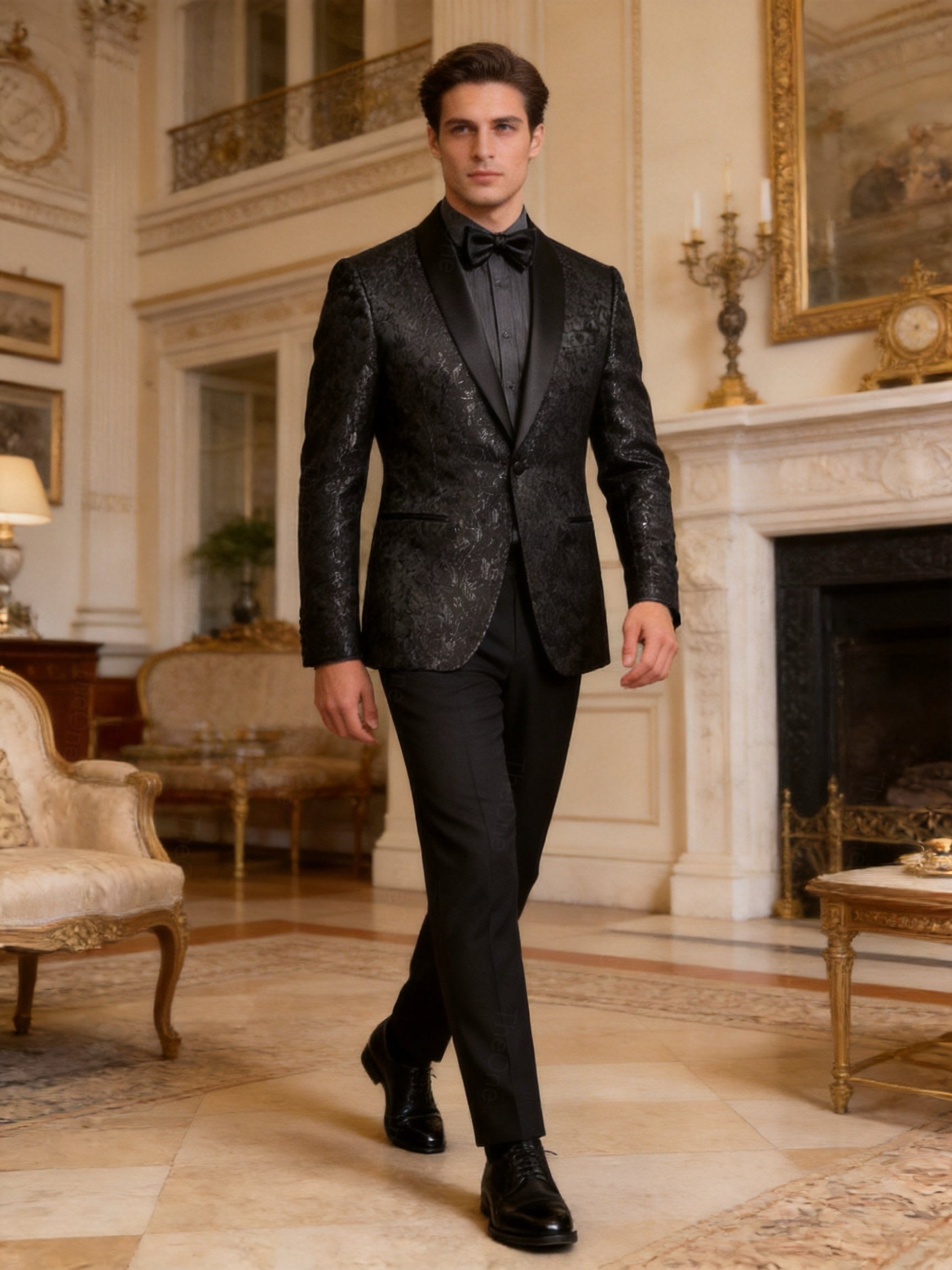 Abito Uomo Cerimonia Slim Fit Blu Jacquard Elegante Smoking Fantasia 2pz