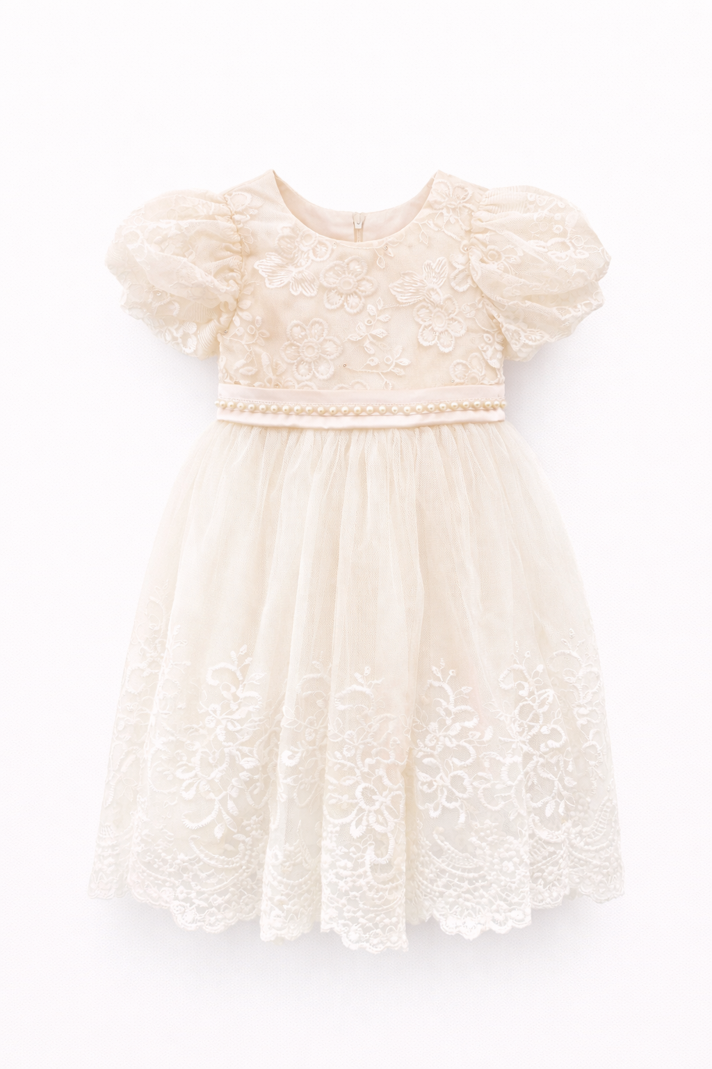 Abito Elegante Bambina in Tulle e Pizzo con Maniche a Sbuffo e Cintura di Perle – Cerimonia 2-12 Anni 815