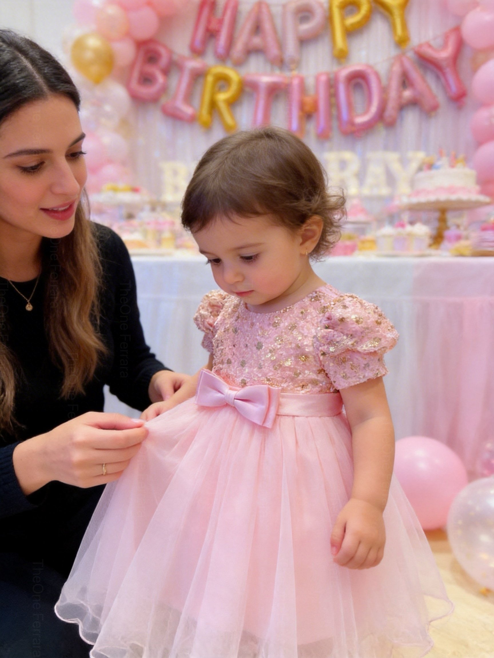 Vestito rosa bambina con maniche a sbuffo 6M–36M Compleanno, Battesimo, Damigella