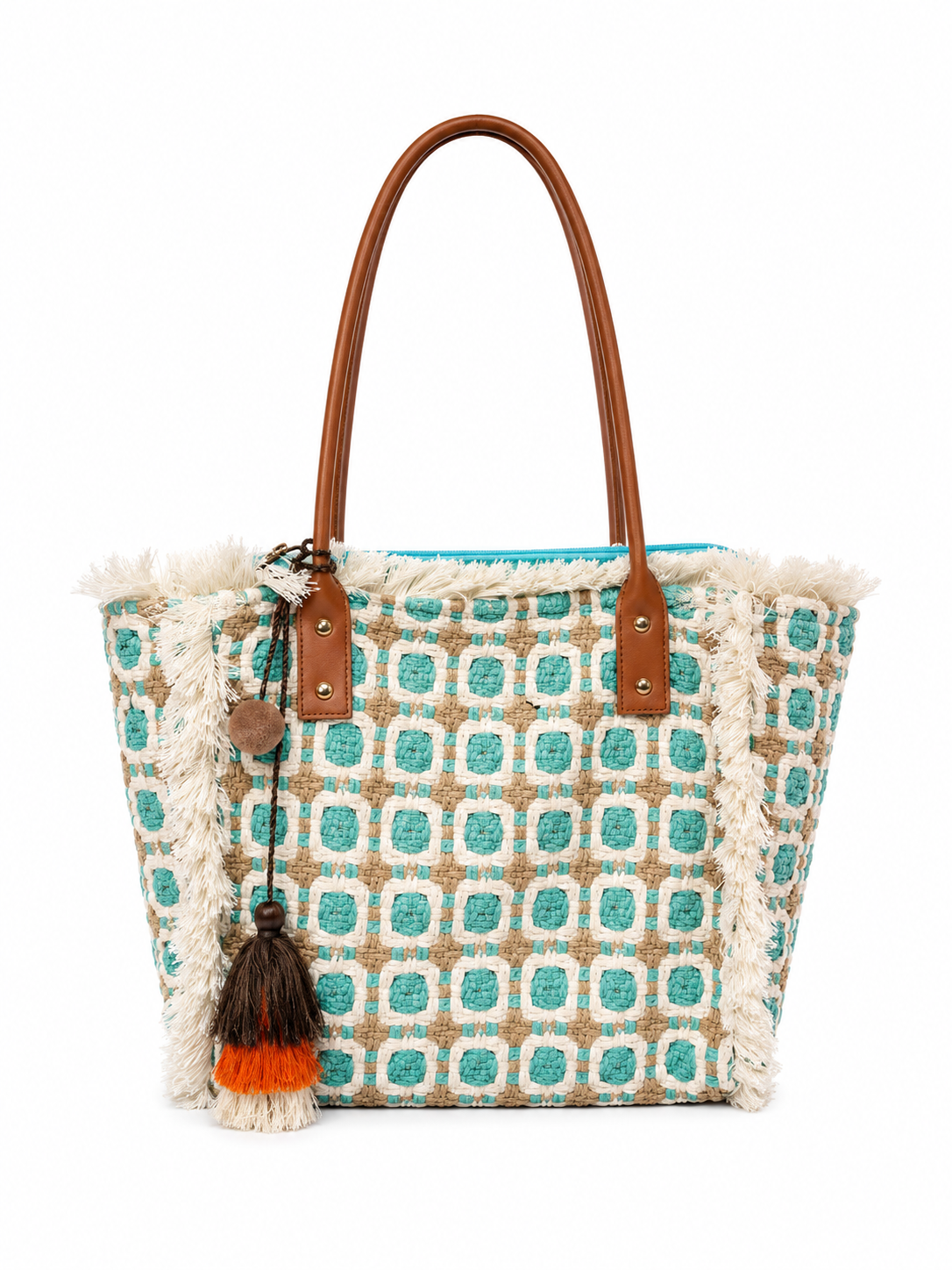 Borsa Shopper Donna Boho Chic con Frange e Nappina Decorativa verde acqua L × A × P: 35 × 30 × 13 cm