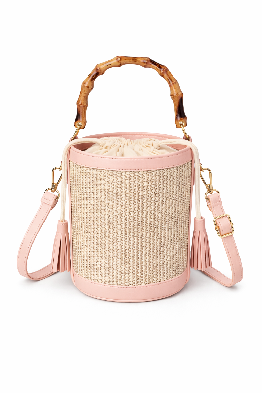 Borsa Secchiello Donna in Paglia con Manico Bamboo – Mini Borsa Estiva 18cm con Tracolla rosa+khaki 15X15X18cm