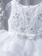 Vestito Cerimonia Bambina Bianco con Ricami e Gonna Volant in Tulle