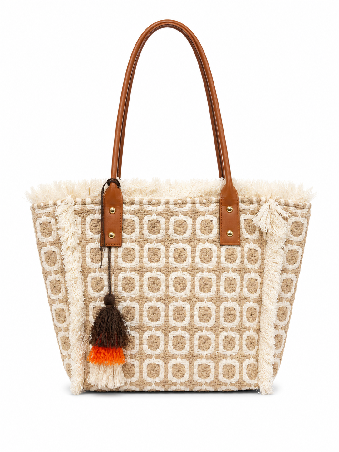 Borsa Shopper Donna Boho Chic con Frange e Nappina Decorativa Beige L × A × P: 35 × 30 × 13 cm