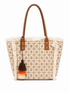 Borsa Shopper Donna Boho Chic con Frange e Nappina Decorativa Beige L × A × P: 35 × 30 × 13 cm