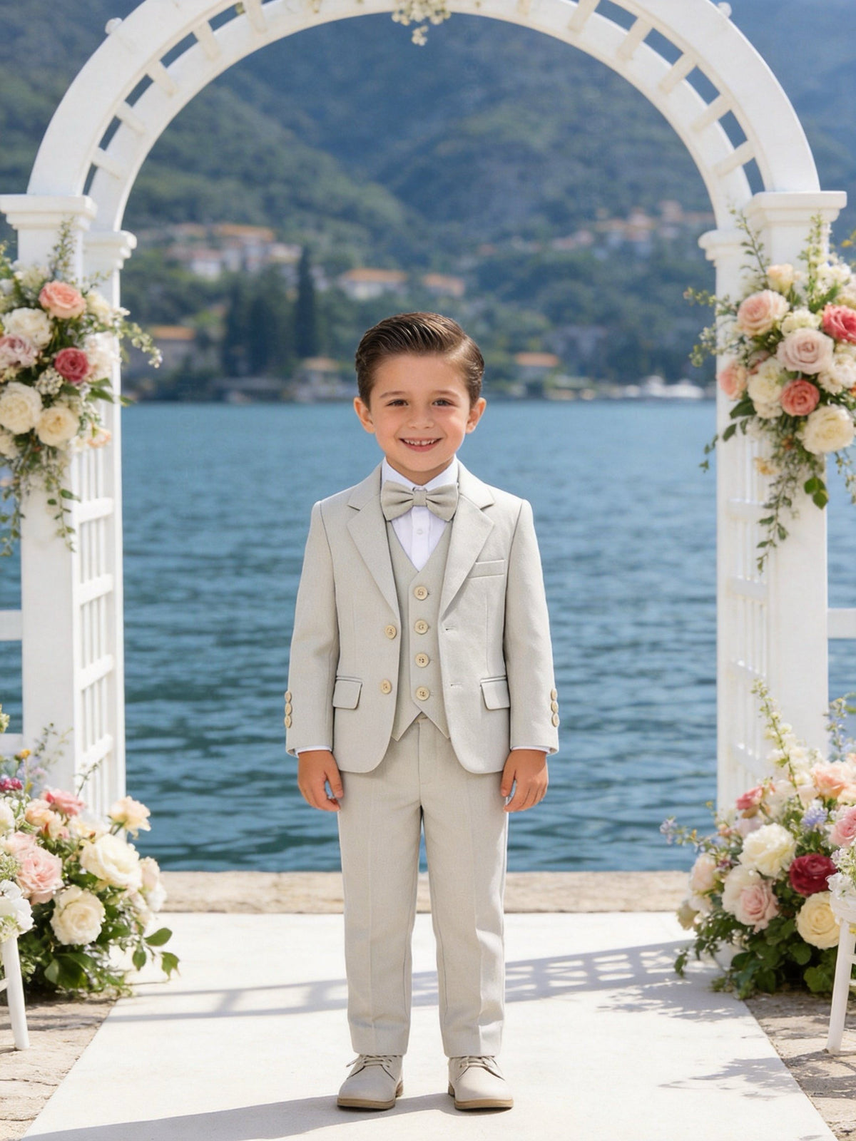 Completo Elegante Bambino Beige 5 Pezzi con Giacca Gilet Pantaloni Camicia e Papillony
