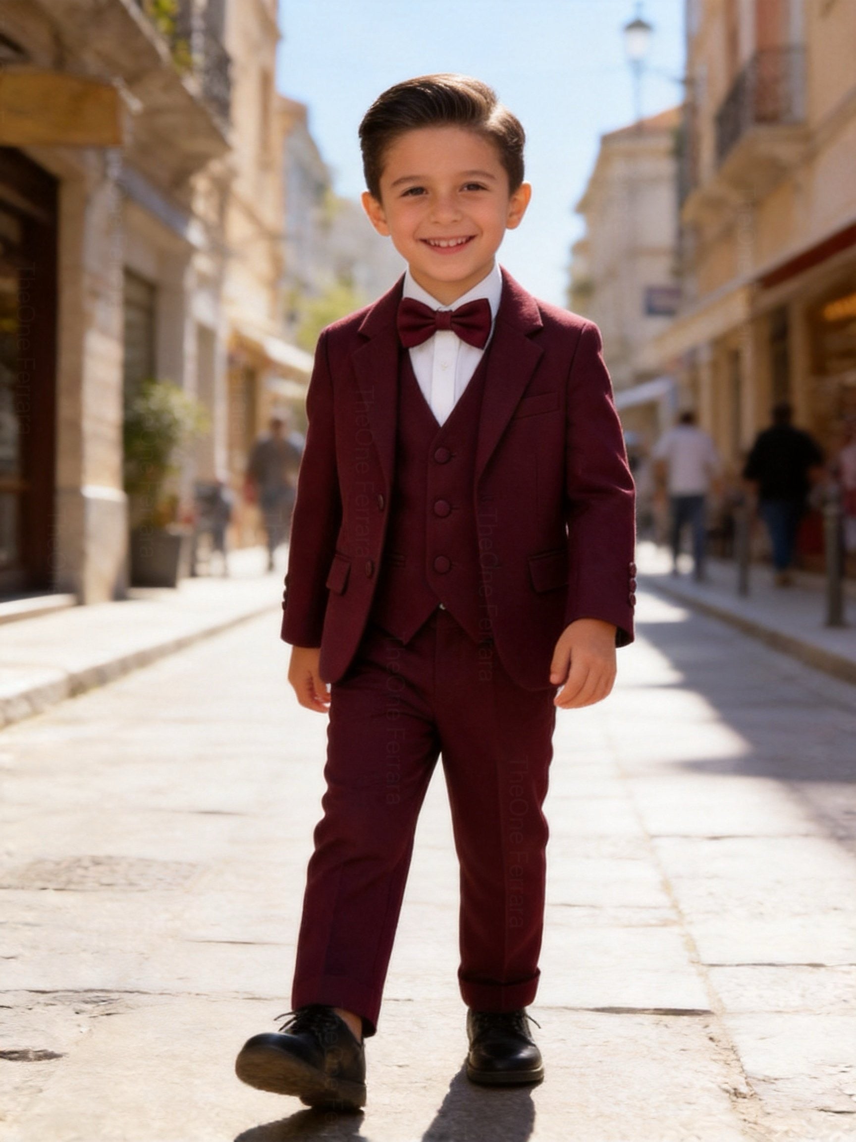 Completo Elegante Bambino Bordeaux 5 Pezzi con Giacca Gilet Pantaloni Camicia e Papillon