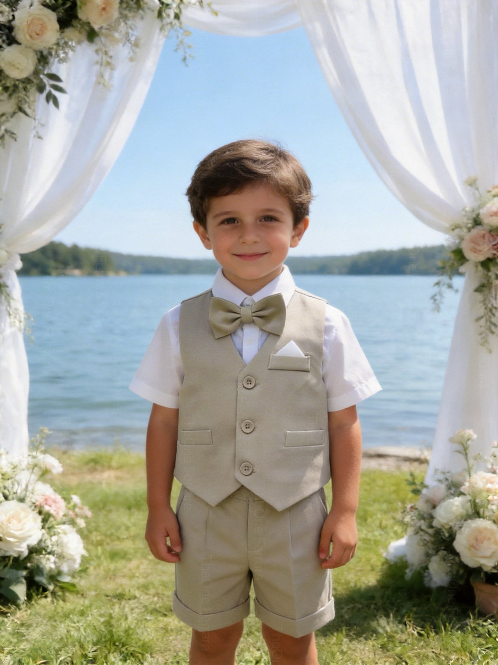 Completo Elegante Bambino Estivo 4 Pezzi con Pantaloncini Abito Cerimonia Matrimonio 1-8 Anni
