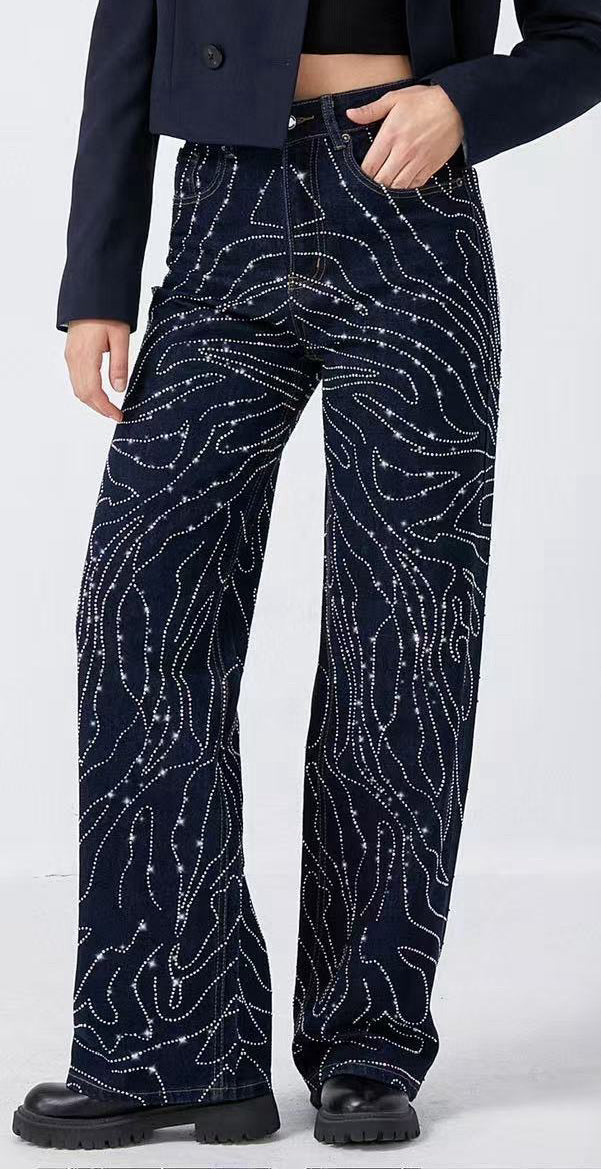 Jeans Donna a Vita Alta con Decorazioni Luminose – Linee Puntinate Brillanti, Gamba Dritta, Stile Urban – Mod. 1080-TheOne