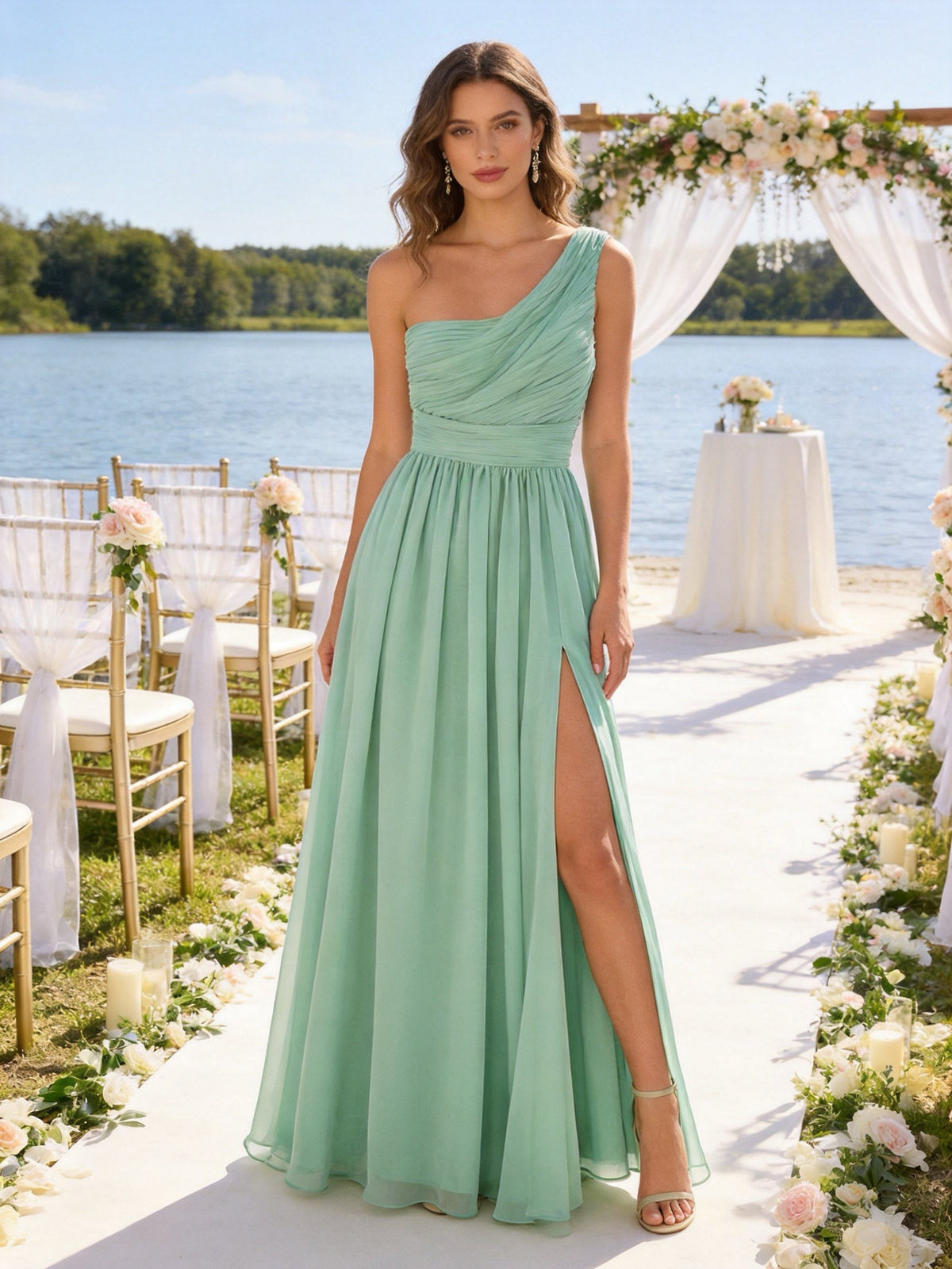 Abito Damigella Monospalla in Chiffon con Spacco Laterale verde acqua