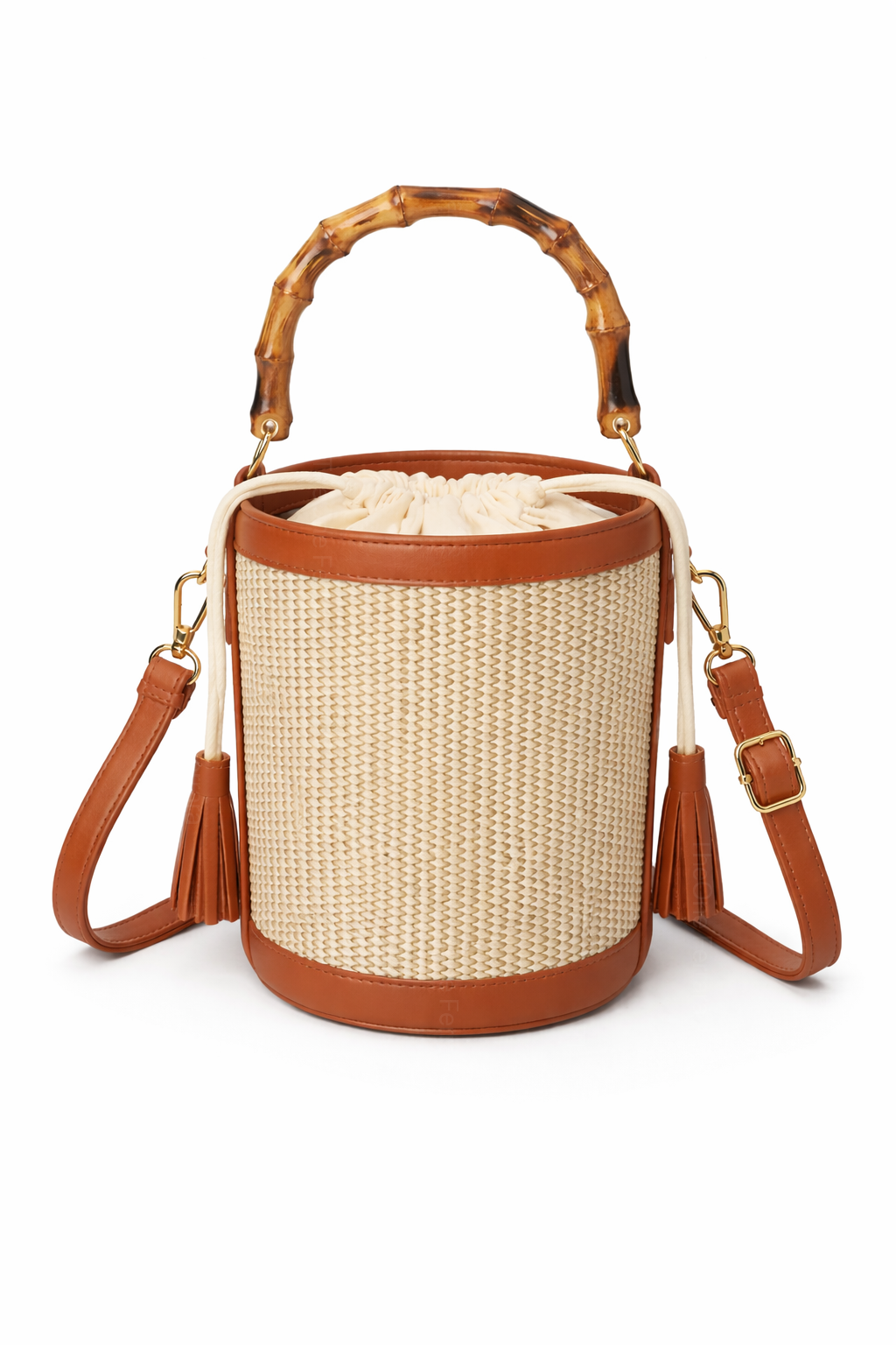 Borsa Secchiello Donna in Paglia con Manico Bamboo – Mini Borsa Estiva 18cm con Tracolla