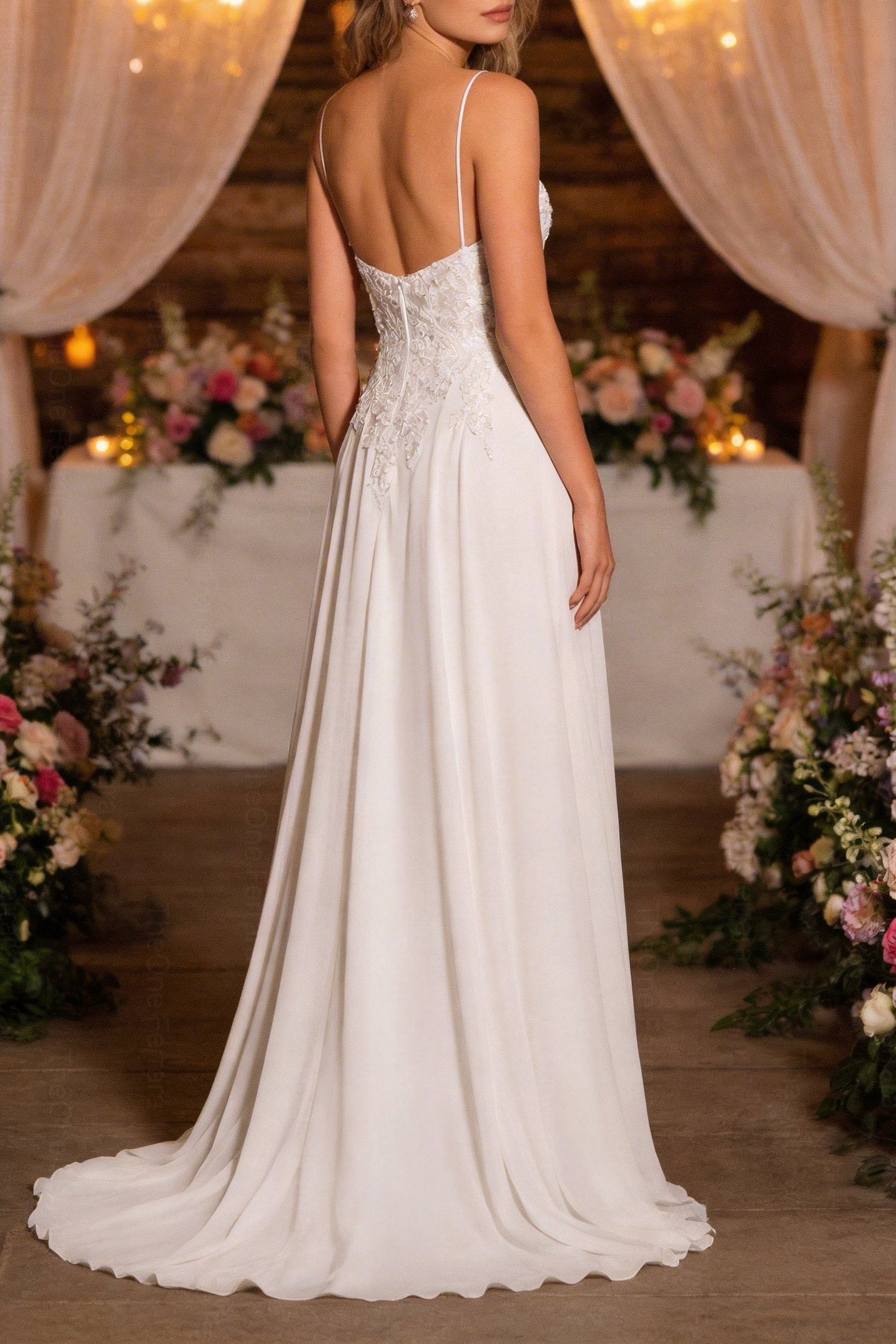 Abito da Sposa A-Line in Chiffon con Pizzo 3D e Scollo Profondo – Spalline Sottili, Effetto Corsetto, Colore Avorio Naturale 879001