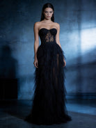 Abito da Sera Nero in Tulle con Corsetto – Vestito Lungo Elegante Bustier da Gala 521679