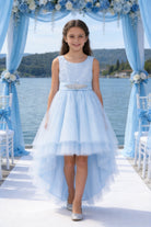 Abito da Cerimonia Bambina Elegante 4-14 Anni – Vestito Damigella in Tulle Multistrato con Cintura Gioiello (Bianco, Champagne, Azzurro) 82535