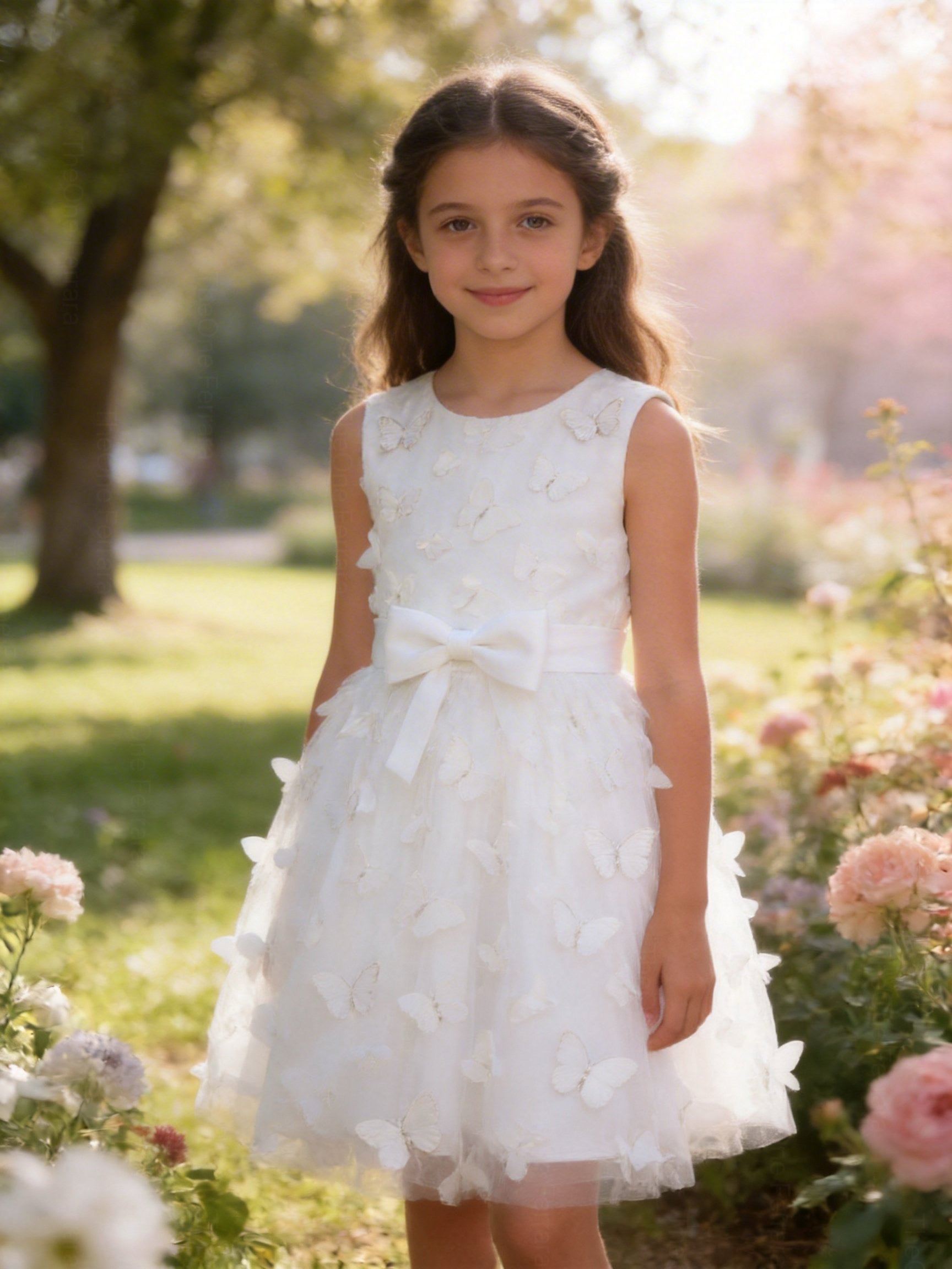 Abito da Cerimonia Bambina 2-12 Anni con Farfalle 3D – Vestito Elegante in Tulle per Matrimonio, Battesimo e Damigella 654